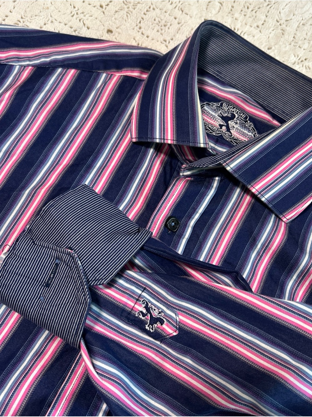 BUGATCHI Men’s Navy & Pink Stripe Button-Up Shirt Size Large